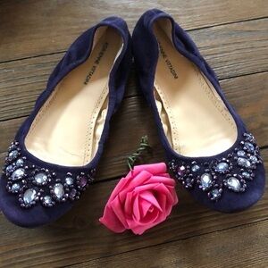 Adrienne Vittadini blue suede leather jeweled ballet flats